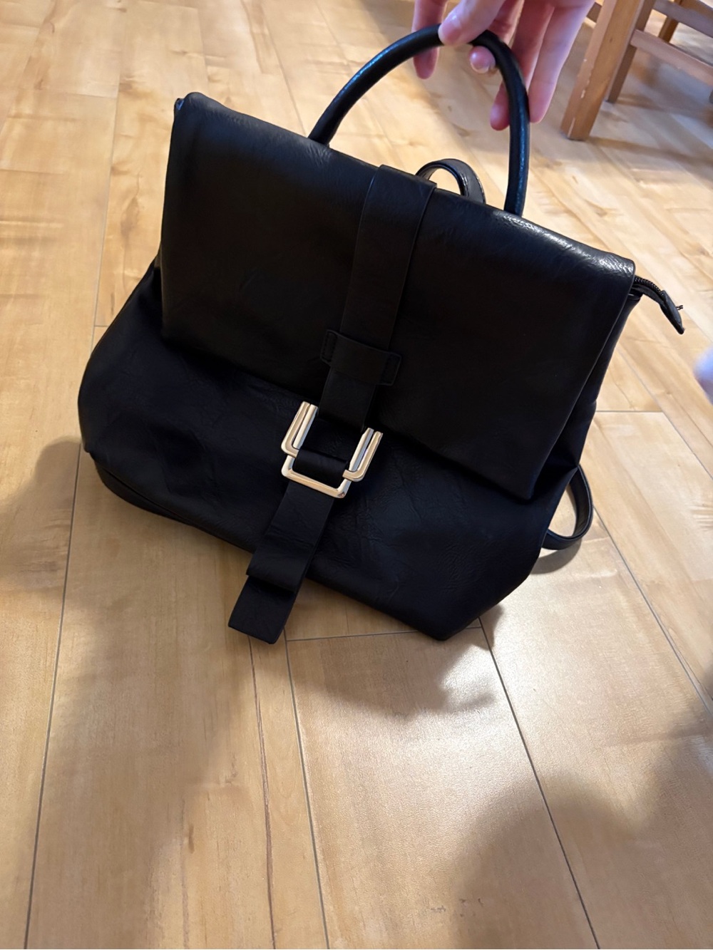 Black Top Handle Backpack Purse with Gold Buckle
